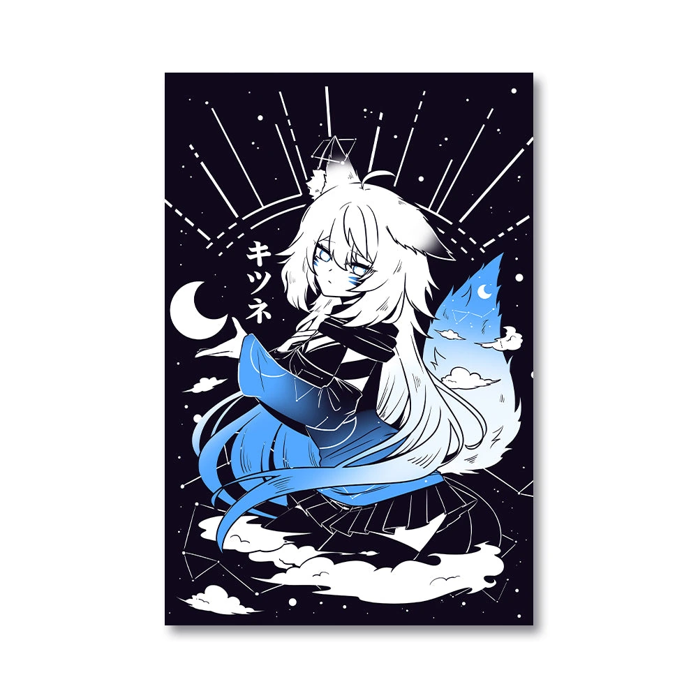 MysticLight, a white-haired fox girl with a blue constellation tail, surrounded by moonlight and clouds. Official Shine Bright artwork.