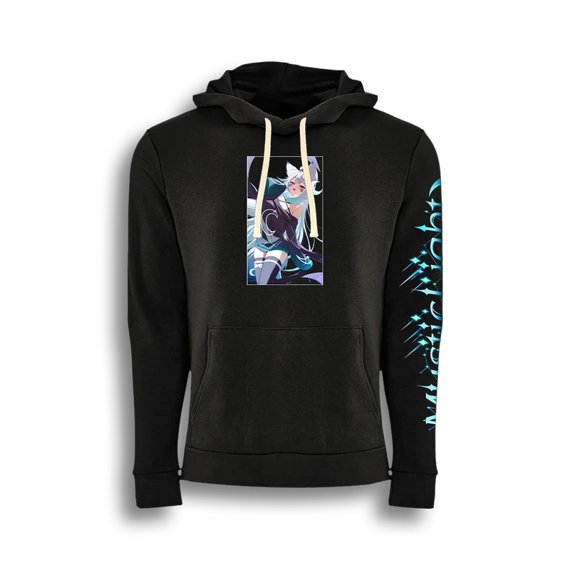 Official black MysticLight Shining Starlight hoodie with character art and cyan sleeve details.